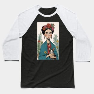 Frida's Floral Feline: Illustrated Tribute Baseball T-Shirt